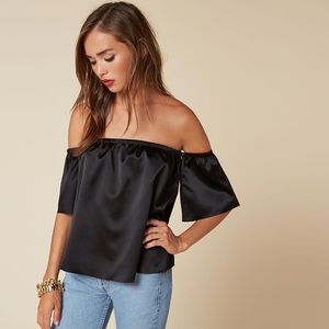 Reformation Silk Off the Shoulder Black Top